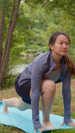 Vertical-Video-Of-Woman-Wearing-Sports-Clothing-Doing-Yoga-Stretches-On-Mat-In-Forest-By-Lake-Or-River-Enjoying-Peace-And-Beauty-Of-Nature-Shot-In-Real-Time-3